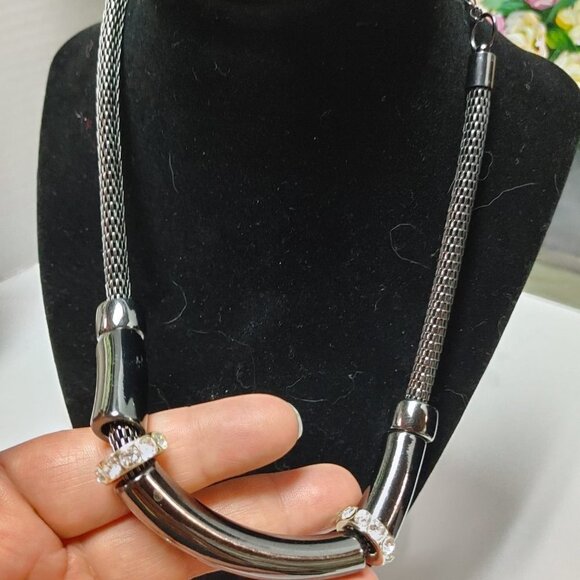 3/$30 Thick Gun Metal Snake Chain Choker Collar Necklace White Rhinestones 16" - Picture 6 of 8